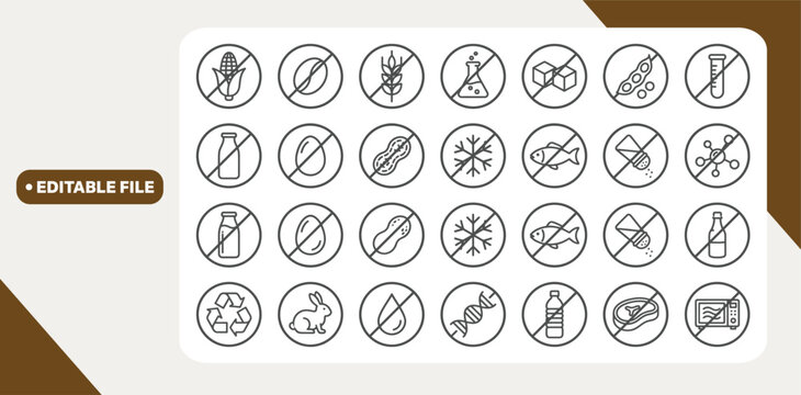Allergen free badges. No sugar, gluten, lactose, oil free editable stroke thin outline icons set isolated on white background flat vector illustration.