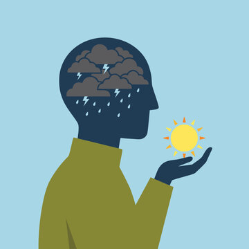 A person holding a sunny icon with a stormy mind in a vector illustration