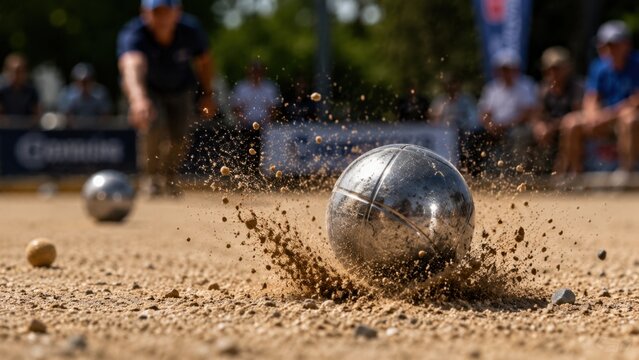 Metal boule striking sandy court during outdoor game
