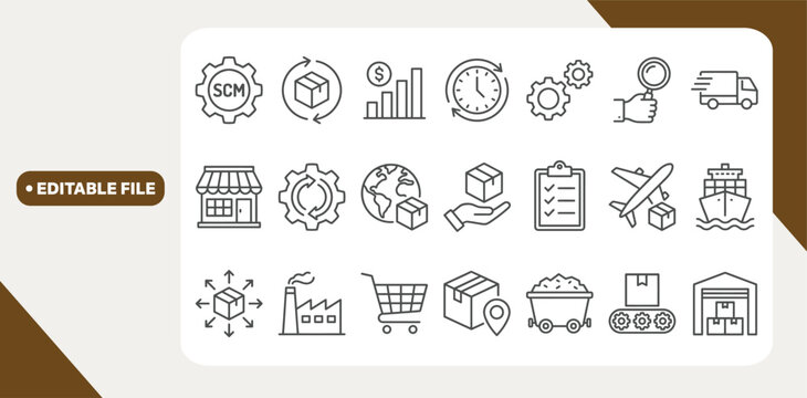SCM supply chain management concept editable stroke outline icons set isolated on white background flat vector illustration.