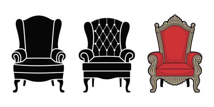 Royal Armchair Collection Illustration Set Featuring Luxury Black Lounge Chairs and Ornate Golden Thrones for Classic Interior Decor Design