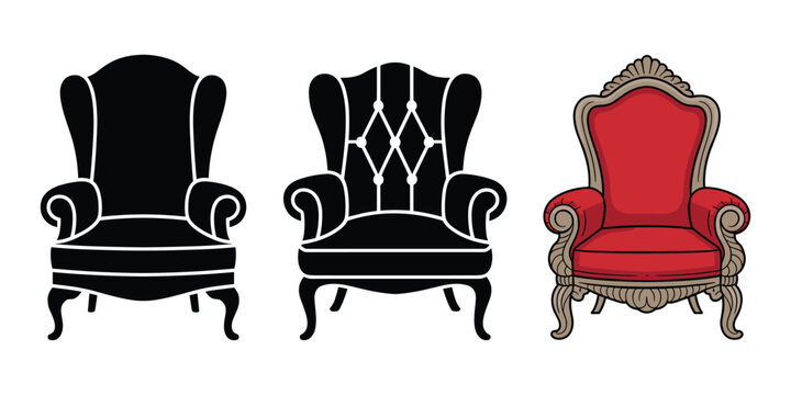 Royal Armchair Vector Collection with Elegant Black Lounge Chairs, Golden Throne Designs and Luxury Furniture for Interior Decoration