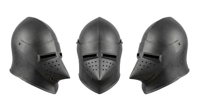 Set of 3 multi-angle views of medieval bascinet helmet steel knight armor face protection head piece, transparent background, PNG