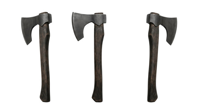 Set of 3 multi-angle views of medieval throwing axe throwing hatchet small iron blade combat camping weapon, transparent background, PNG
