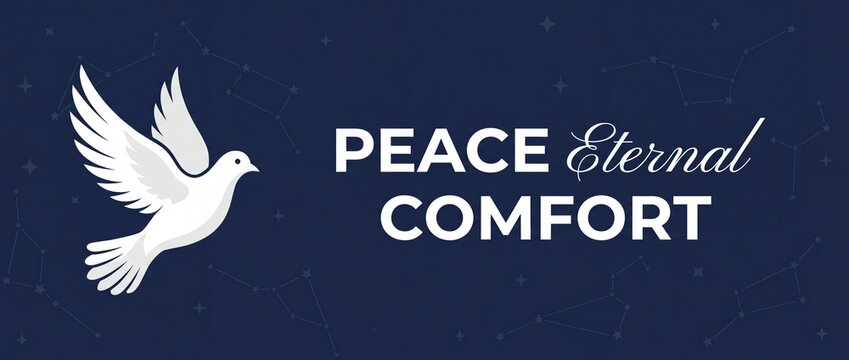 White dove flying peace comfort background with eternal peace comfort text typography for funeral memorial banner backdrop and condolence card design, night starry sky constellation background artwork