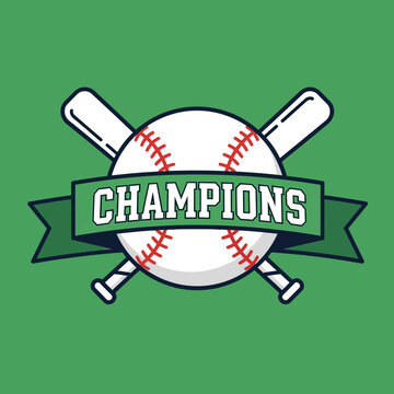 Baseball Champions Trophy Emblem With Crossed Bats And Green Ribbon