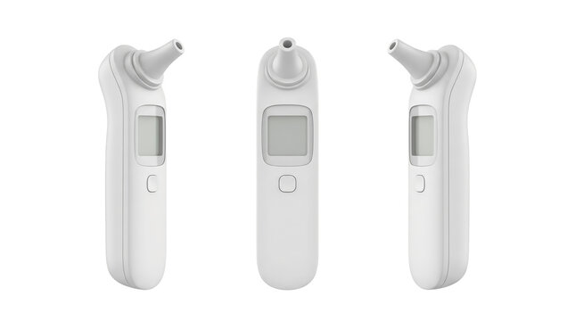 Set of 3 multi-angle views of electronic digital infrared ear thermometer clinical body temperature meter, transparent background, PNG