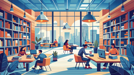Illustration Scene of Diverse People Reading in Bright Modern Library with Tall Bookshelves and City View © MDAKRAM
