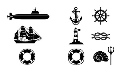 Nautical Icons Set Silhouette Objects, Flat, for Maritime and Marine Themes © pixostudio