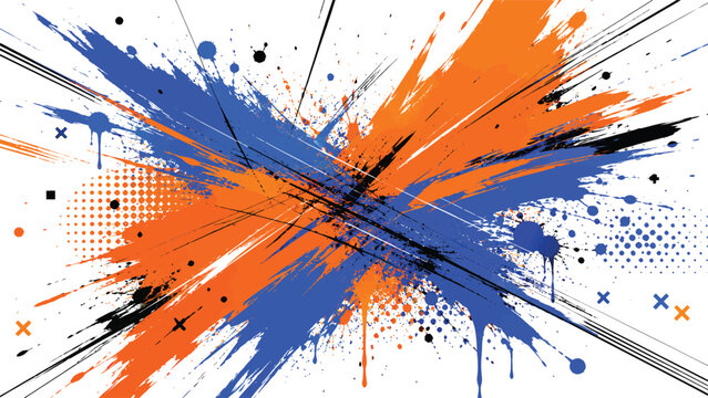 Vibrant vector illustration featuring dynamic blue and orange paint splashes with bold black ink lines
