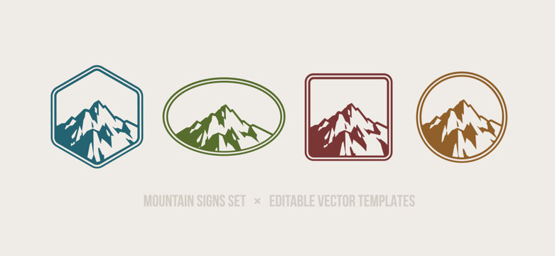 Set of Mountain signs in square, oval, round geometric shape frame design for Discover Travel Logo or camping patch and apparel prints, hiking and climbing emblem - editable vector (part 1)
