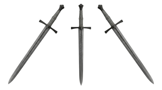 Set of 3 multi-angle views of realistic gothic medieval arming sword knight longsword steel blade, transparent background, PNG