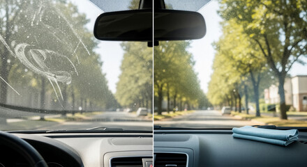 Obraz premium Split screen view of a car windshield before and after cleaning, showing a dirty, streaky glass on the left and a clear view on the right