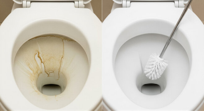 Before and after cleaning a dirty toilet bowl with a brush, comparison of a stained and a sparkling clean white toilet