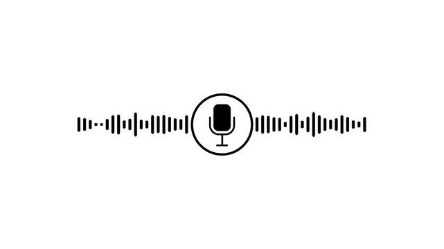 Black Microphone Icon Animation with Dynamic Audio Sound Waveform Spectrum on Clean White Background for Voice Assistant and Podcast Recording Concepts.