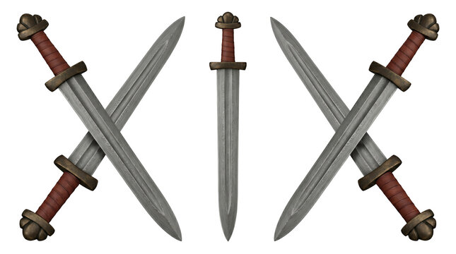 Set of 3 multi-angle views of viking-era authentic steel sword knightly single hand historical longsword blade, transparent background, PNG