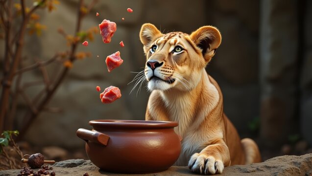 Lioness curiously watches pieces of meat falling into a brown clay pot, surrounded by natural elements in a zoo-like environment