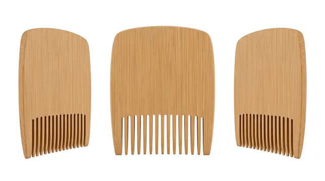 Set of 3 multi-angle views of wooden wide tooth beard comb grooming tool detangling hair brush, transparent background, PNG