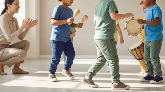 Preschool music activity with rhythm instruments movement and teacher