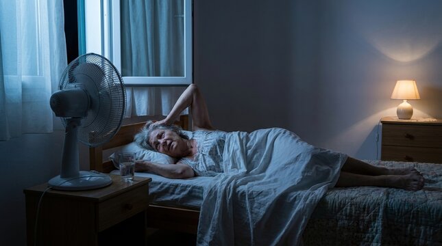 Elderly woman struggling to sleep through hot summer night heatwave