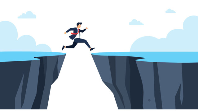 Ambitious Businessman Jumping Across Cliff Gap flat vector illustration of a professional leaping over a mountain chasm ideal for career coaching and risk management.
