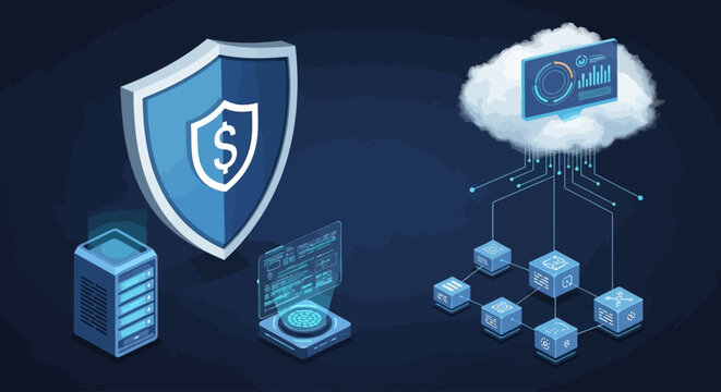 Financial cyber security with cloud data protection and server network.
