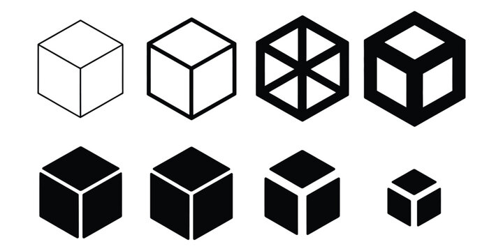Simple black cube icon set showcasing geometric cube shapes for 3D modeling, abstract symbols, and design systems. Vector illustration.