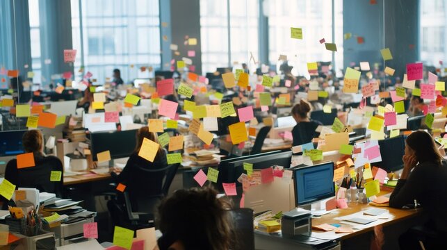 Busy office environment filled with sticky notes reflects multitasking and time management challenges. Employees face stress and chaos amid looming work deadlines and numerous tasks