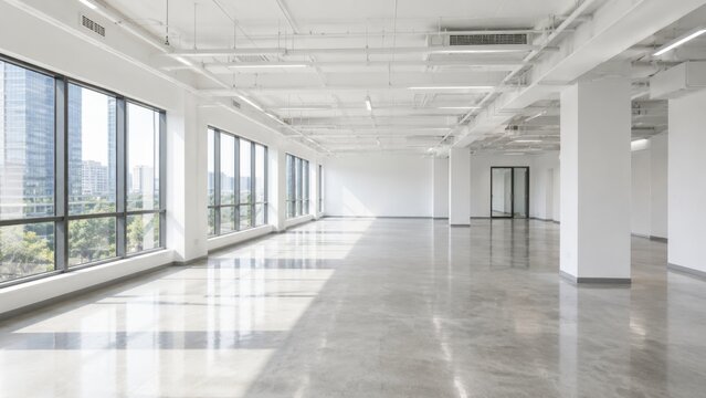 Empty open commercial office space with polished concrete floor
