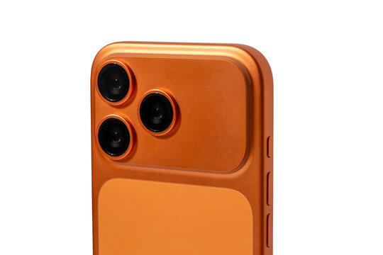Orange Smartphone With Triple Camera And Sleek Protective Case Close-Up Studio Product Photo