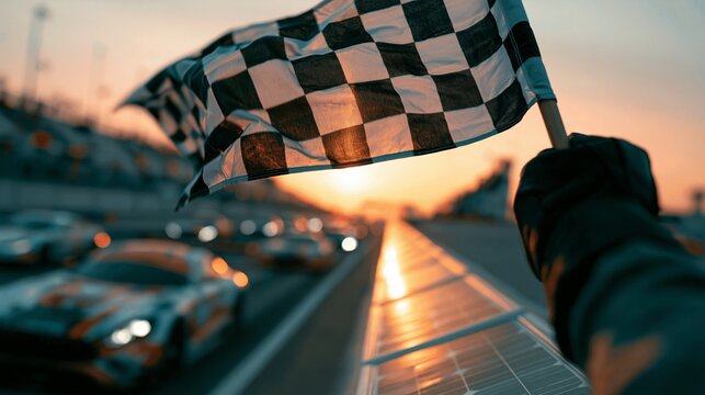 Closeup of a race marshals gloved hand holding a fluttering checkered flag near a solarpowered barrier with blurred speeding race cars speeding past at sunset in soft cinematic