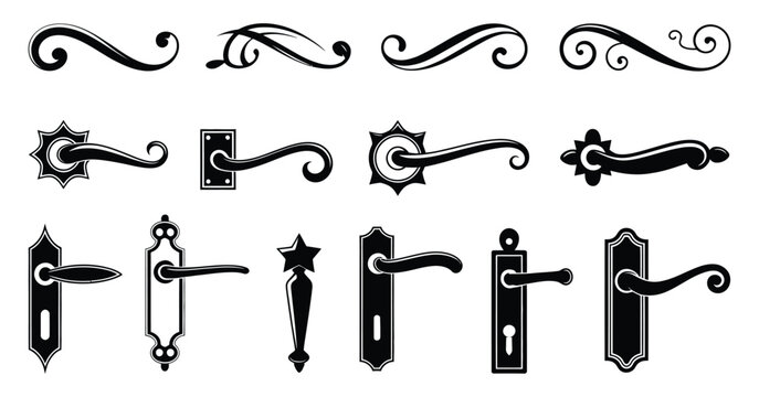 Elegant vintage door handle set featuring ornate lever designs and decorative antique metal hardware in classic black silhouette style. Vector illustration.