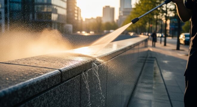 Urban cleaning with water pressure at golden hour, granite parapet washed in city center, vibrant light and copy space