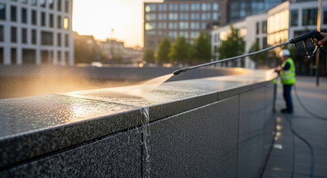 Urban worker pressure washing granite parapet at golden hour, clean city environment with soft sunlight and copy space