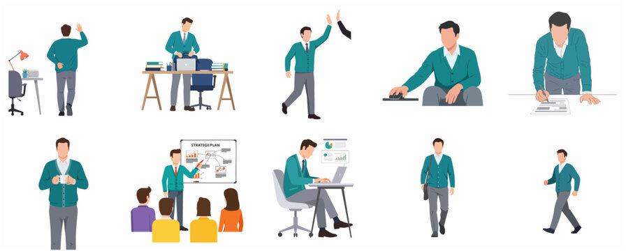 Set of professional male character illustrations depicting various business activities, office work routine, and corporate life in a flat vector style