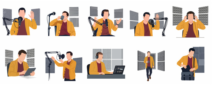 Set of vector illustrations of a male podcaster recording and editing audio in a professional sound studio