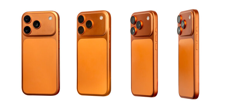 Orange Smartphone With Magnetic Wallet Case Shown From Multiple Angles On Transparent Background
