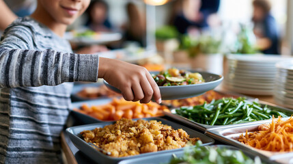 Obraz premium Close-up of a young boy selecting his meal at a bustling buffet showcasing dining abundance, buffet dining concept, food choice photography, social meal lifestyle, defocused