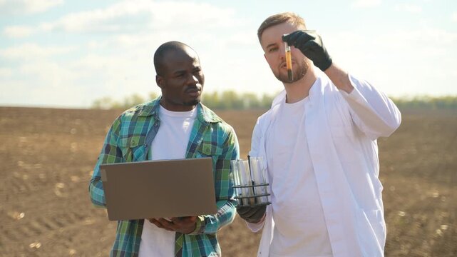 Scientist and farmer analyzing soil samples in a field