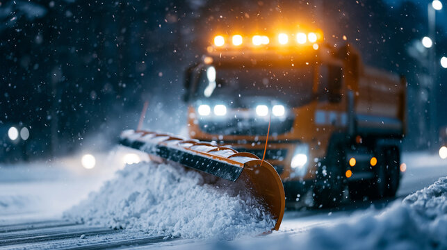 Close-up of a powerful snowplow clearing a road during heavy snowfall at night with bright lights illuminating the scene, winter service concept, snowplow photography, winter