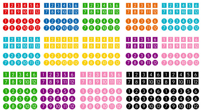 A collection of brightly colored squares and circles, each displaying numbers from 1 to 12.