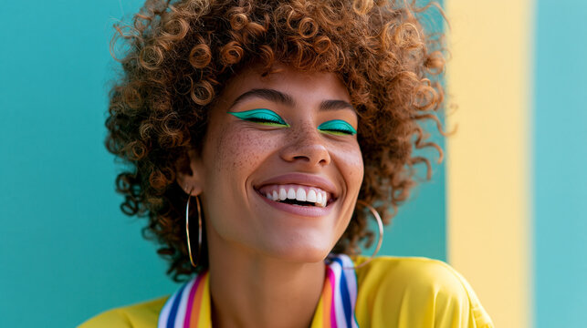 Close-up of a joyful woman with curly hair and bold colorful eye makeup flashing a bright smile against a two-tone background, bold beauty concept, vibrant portrait photography,