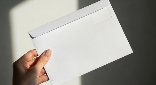 Hand holding a white mailing envelope with a window for notifications in soft natural light, minimalist design concept with ample copy space
