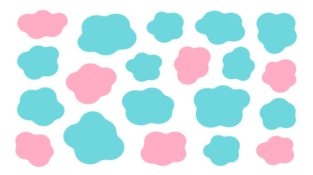 A repeating pattern of irregular, organic shapes in soft pink and aqua blue against a white background.