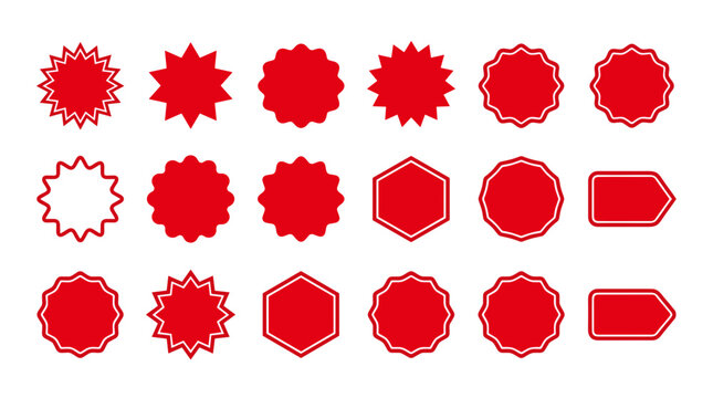 A set of various red starburst, badge, and tag shapes on a white background, perfect for promotions.