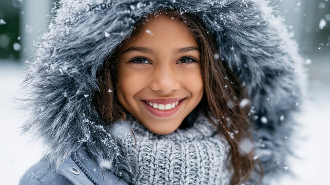 Close-up of a cheerful girl in a fluffy hat smiling amidst falling snowflakes capturing winter magic, winter joy concept, snowflake portrait photography, seasonal happiness