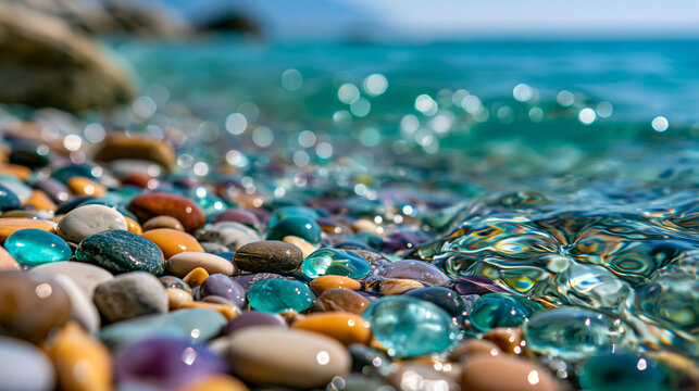 Close-up of crystal clear water capturing colorful pebbles beneath creating a stunning visual display, nature artistry concept, pebble water photography, tranquility