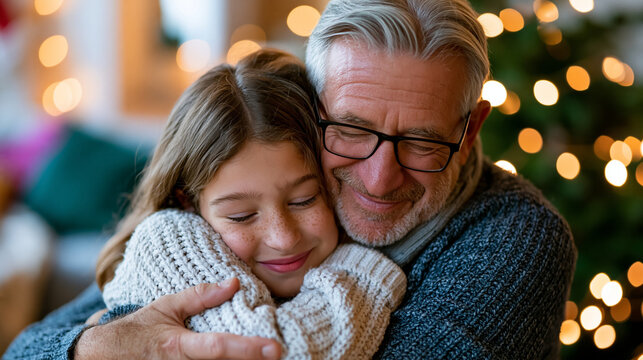 Close-up of a grandfather lovingly hugging his granddaughter in a warm cozy holiday setting, family bond concept, grandfather grandchild photography, generational love