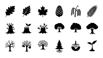 Obraz premium Tree icons, black silhouettes, forest symbols, nature graphics, 20 tree shapes