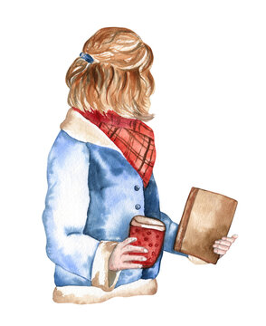 Watercolor illustration of a young woman holding a book and a cup of coffee. Cozy winter illustration in a traditional watercolor style. For cards, articles, stickers, scrapbooking, and more
